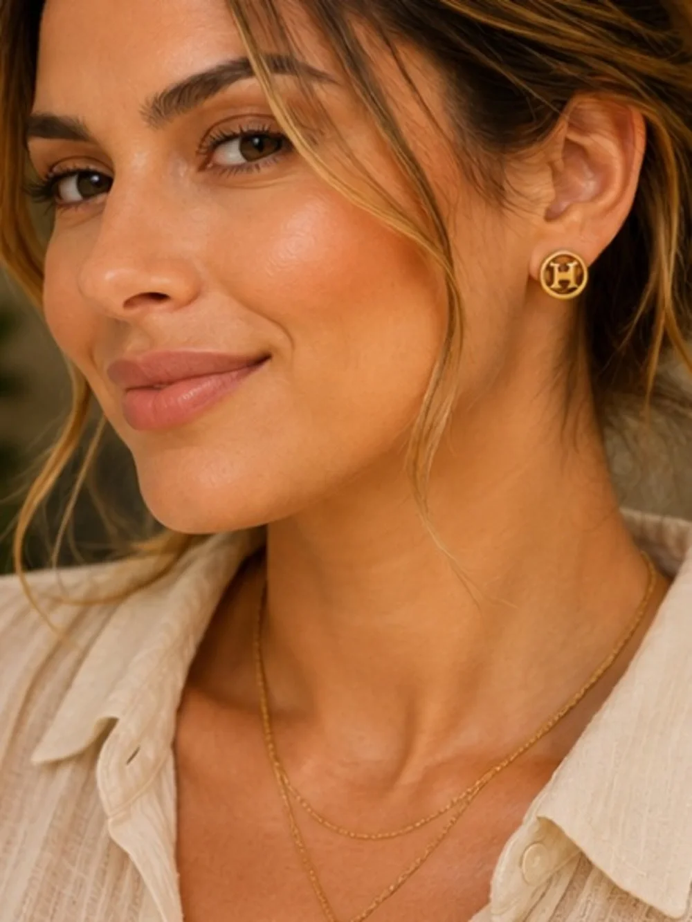 Gold Round H Cutout Stud Earrings Designer Inspired